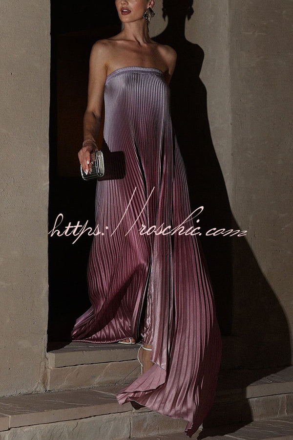 Styling Satin Pleated Elastic Bust Strapless A-line Gown Maxi Dress