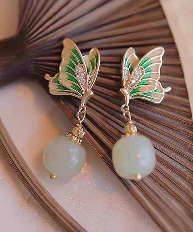 Green Copper Alloy Zircon Jade Butterfly Drop Earrings