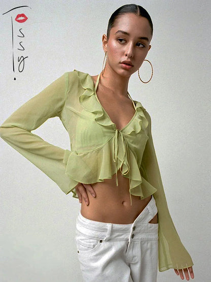 Ruffle Blouse See-through Lace V-neck Tops for Long Sleeve Summer Shirt Party Beach Cropped Top