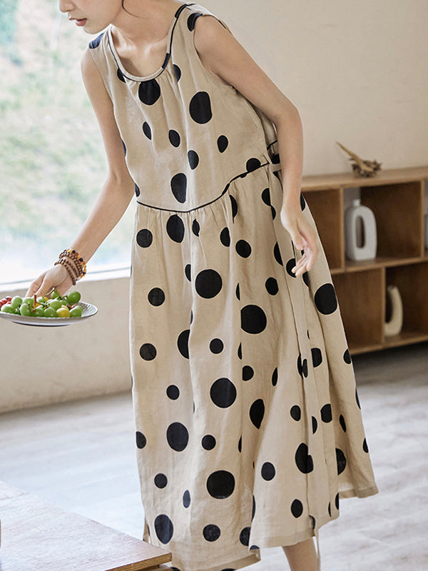 Loose Sleeveless Contrast Color Pleated Polka-dot Split-joint Tied Waist Round-neck Midi Dresses