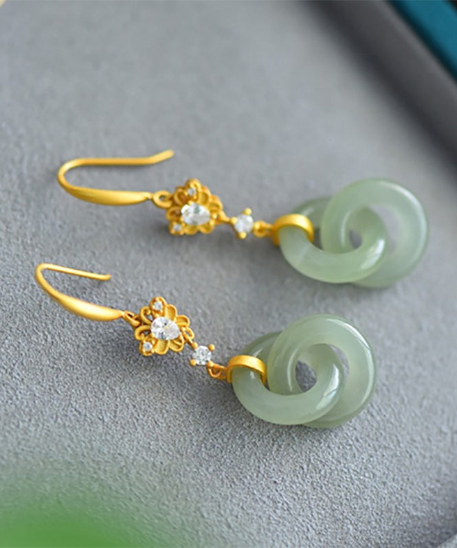 Light Green Sterling Silver Overgild Double Ring Jade Zircon Drop Earrings