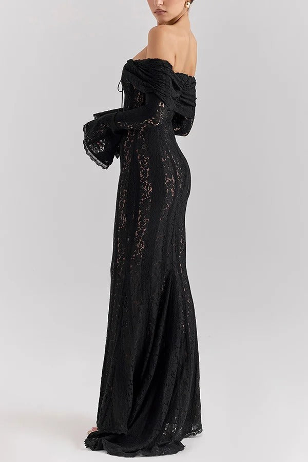 Lace Off Shoulder Flare Sleeve Fishtail Maxi Dresses-white