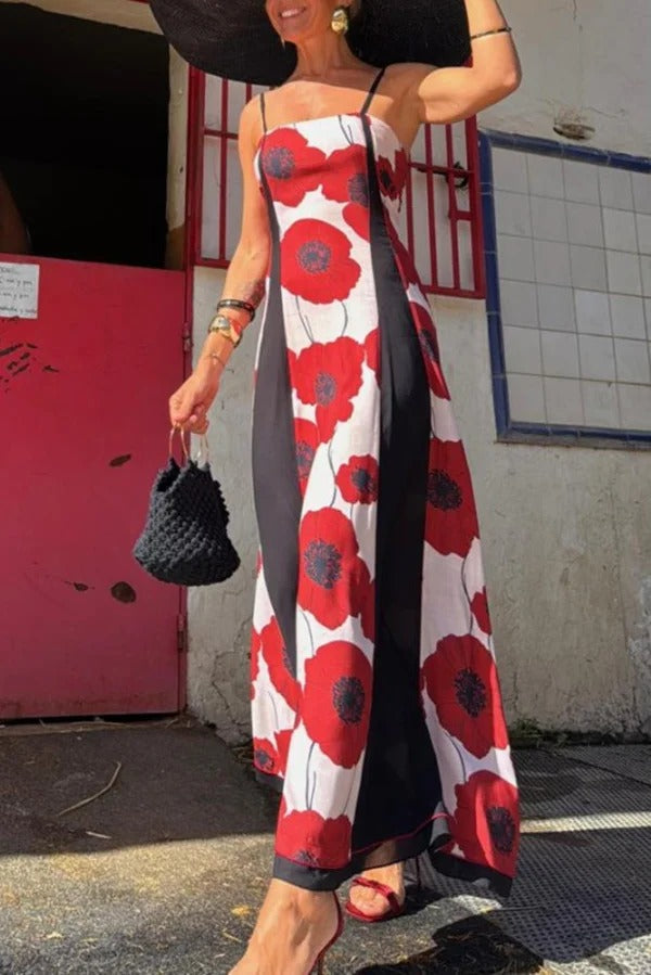 Print Suspenders Paneled Back Pleated Maxi Dress