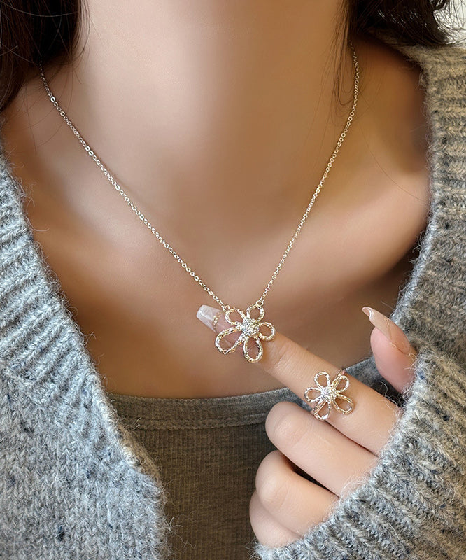 Silk Sterling Silver Zircon Sunflower Hollow Out Pendant Necklace