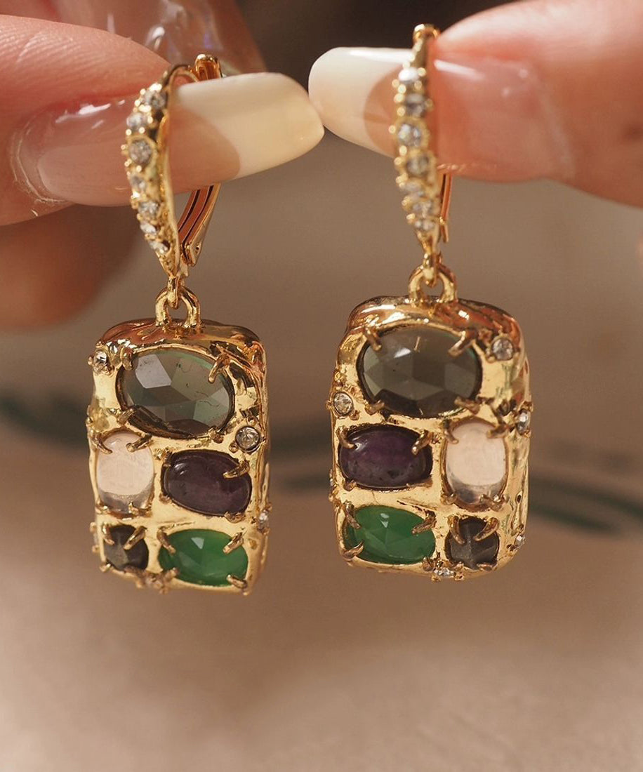 Gold Copper Overgild Gem Stone Tassel Drop Earrings