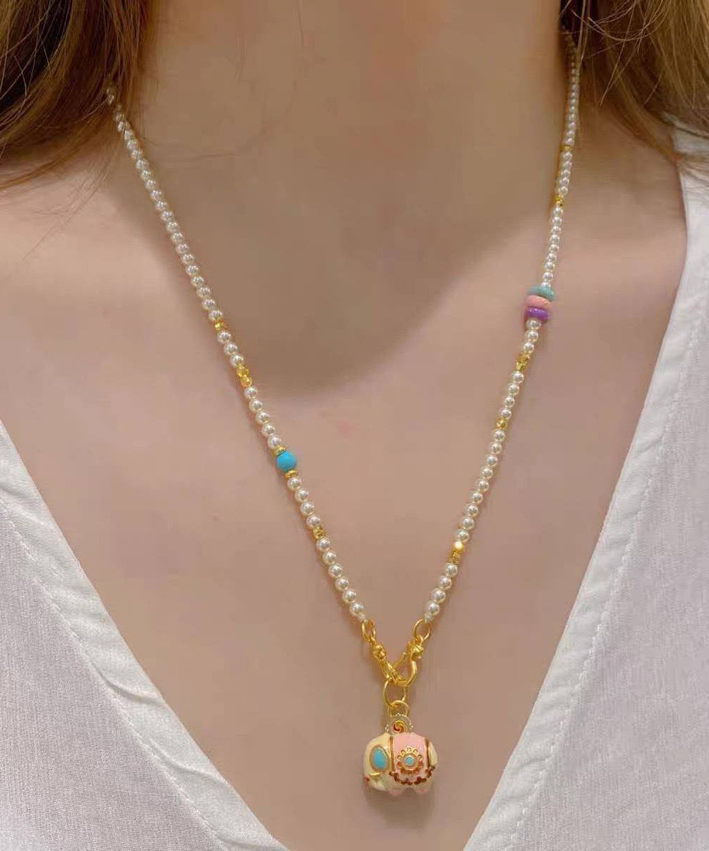 Boutique Gold Alloy Pearl Beads Little Elephant Pendant Necklace