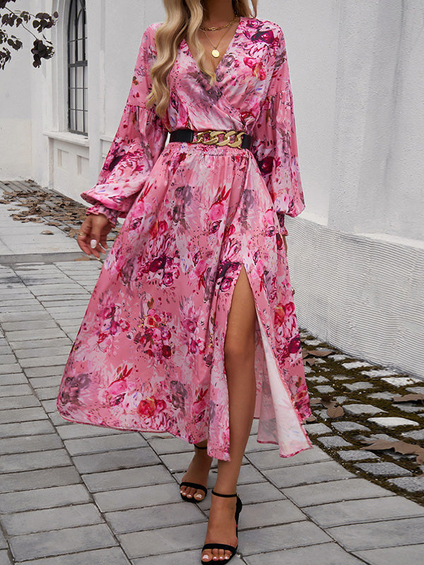 A-line High Waisted Elasticity Flower Print No Belt Split-side V-neck Maxi Dresses