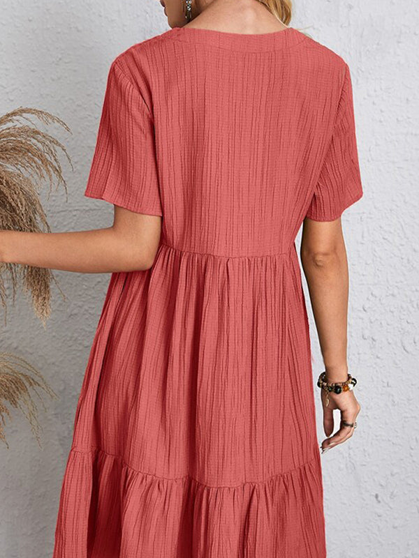 A-line Loose Pleated Color Split-joint V-neck Mini Dresses