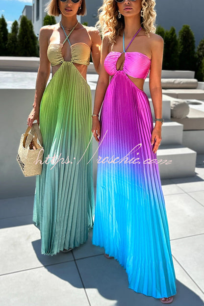 Get Ready Gradient Print Cutout Halterneck Pleated Maxi Dress