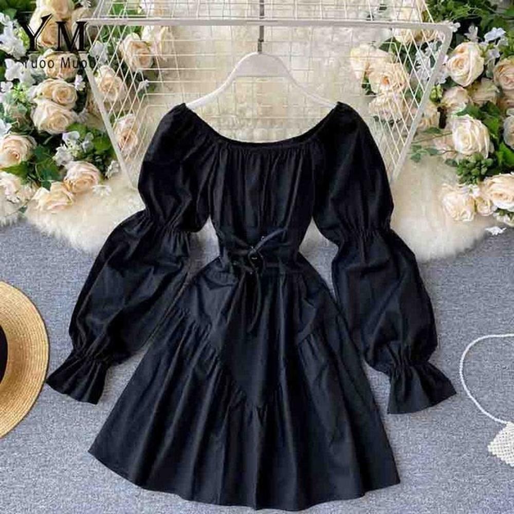 Simple White Off Shoulder Lace-up Waist Puff Sleeve Mini Dress