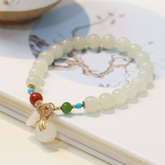 Buddha Stones Natural Hetian White Jade 14k Gold Plated Money Bag Blessing Bracelet
