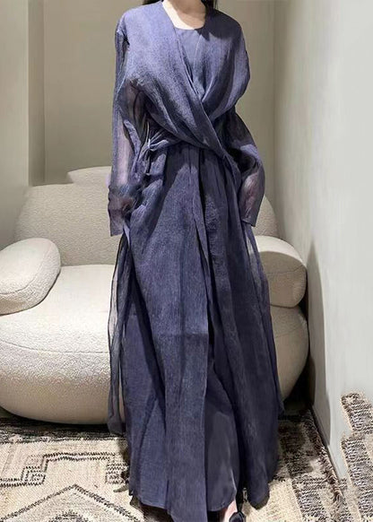 Style Dark Purple Patchwork Tie Waist Tulle Long Dresses Long Sleeve Tt1018