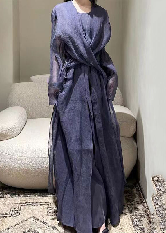 Style Dark Purple Patchwork Tie Waist Tulle Long Dresses Long Sleeve Tt1018