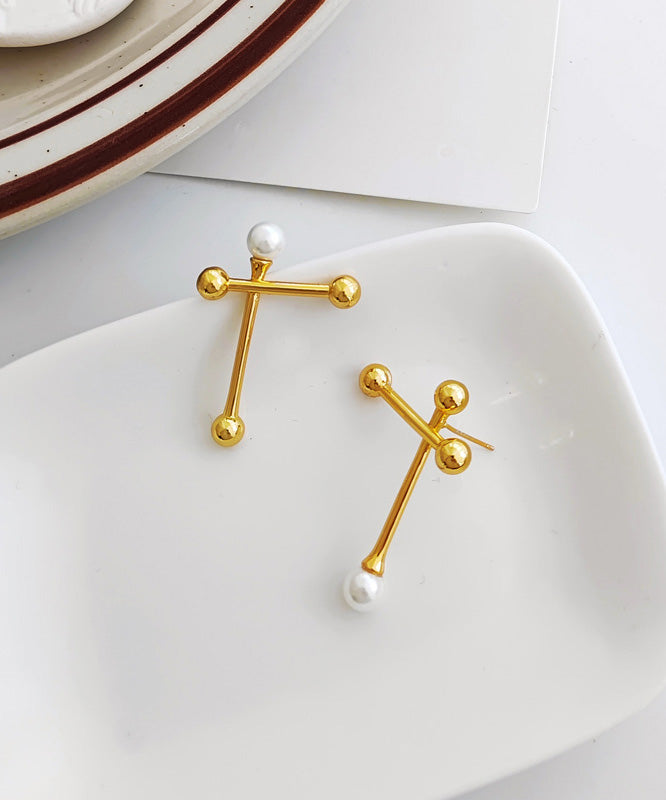 Gold Copper Overgild Asymmtricar Cross Glass Pearl Stud Earrings