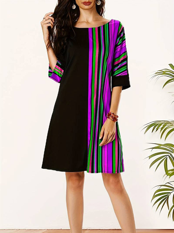 A-line Half Sleeves Asymmetric Contrast Color Striped Round-neck Mini Dresses