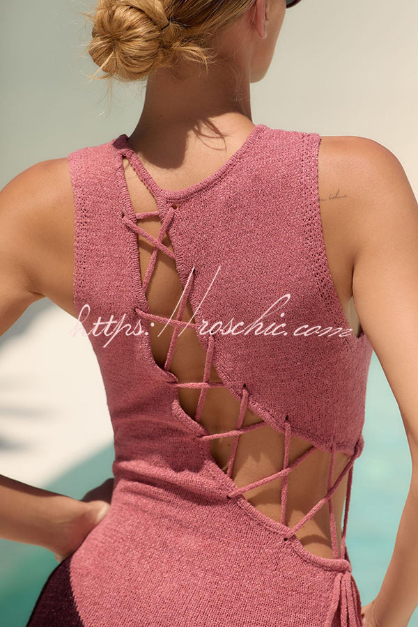 Sunday at the Beach Knit Color Block Hollow Lace-up Cover-up Maxi Dress