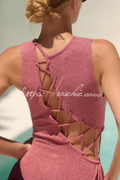 Sunday at the Beach Knit Color Block Hollow Lace-up Cover-up Maxi Dress