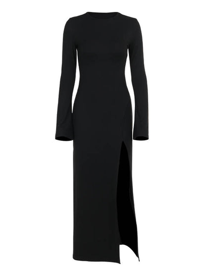 Long Sleeves Loose Asymmetric Color Split-joint Split-side Round-neck Maxi Dresses