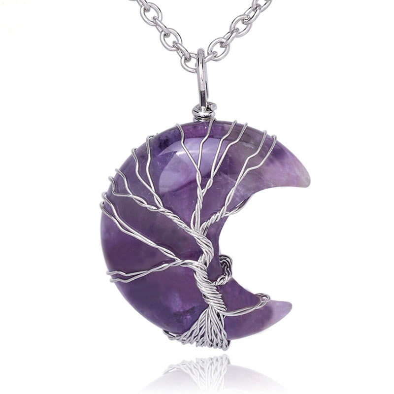 Buddha Stones Natural Quartz Crystal Moon Tree of Life Healing Energy Necklace Pendant