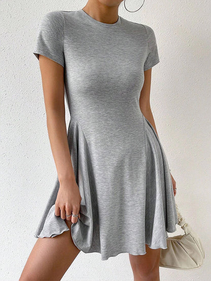 High Waisted Loose Pleated Color Split-joint Round-neck Mini Dresses
