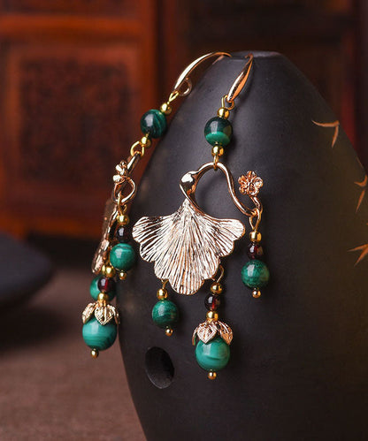 Green Malachite Ginkgo Leaf 14k Gold Drop Earrings