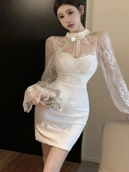Mini Dress Lace Patchwork Flare Sleeve Hollow Out Autumn Spring Y2k Bodycon Wrap Hip Evening Party Vestidos Mujer New