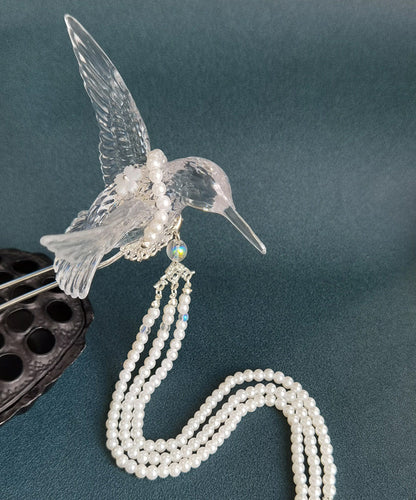 White Alloy Pearl Resin Magpie Tassel Hairpin