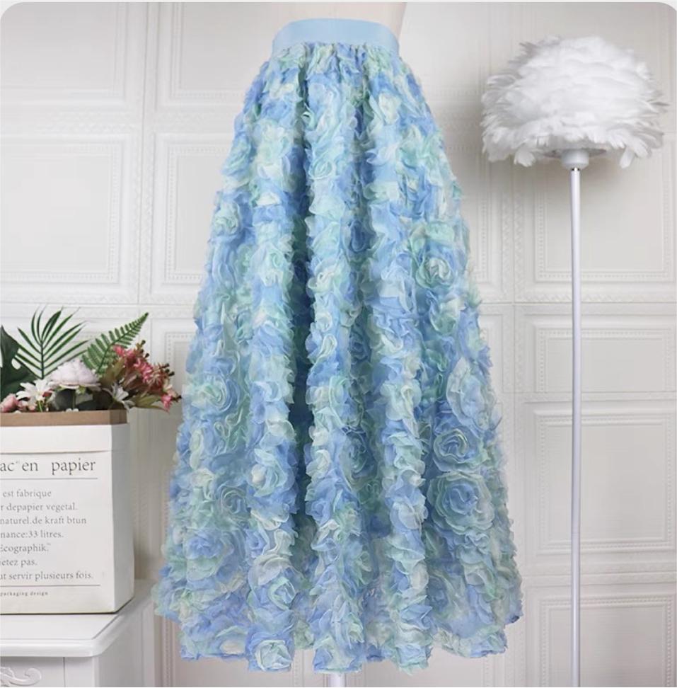 Yellow Embroidered Elastic Waist Tulle Maxi Skirt