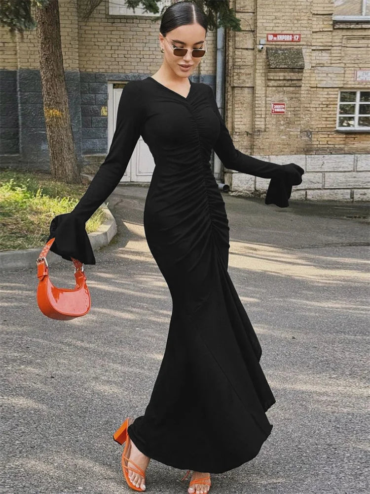 V-neck Pleated Slim Long Dress Female Ruffled Patchwork Party Dress New Maxi Dress