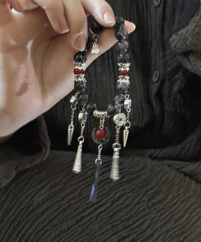Boutique Black Sterling Silver Crystal Gem Stone Tassel Charm Bracelet