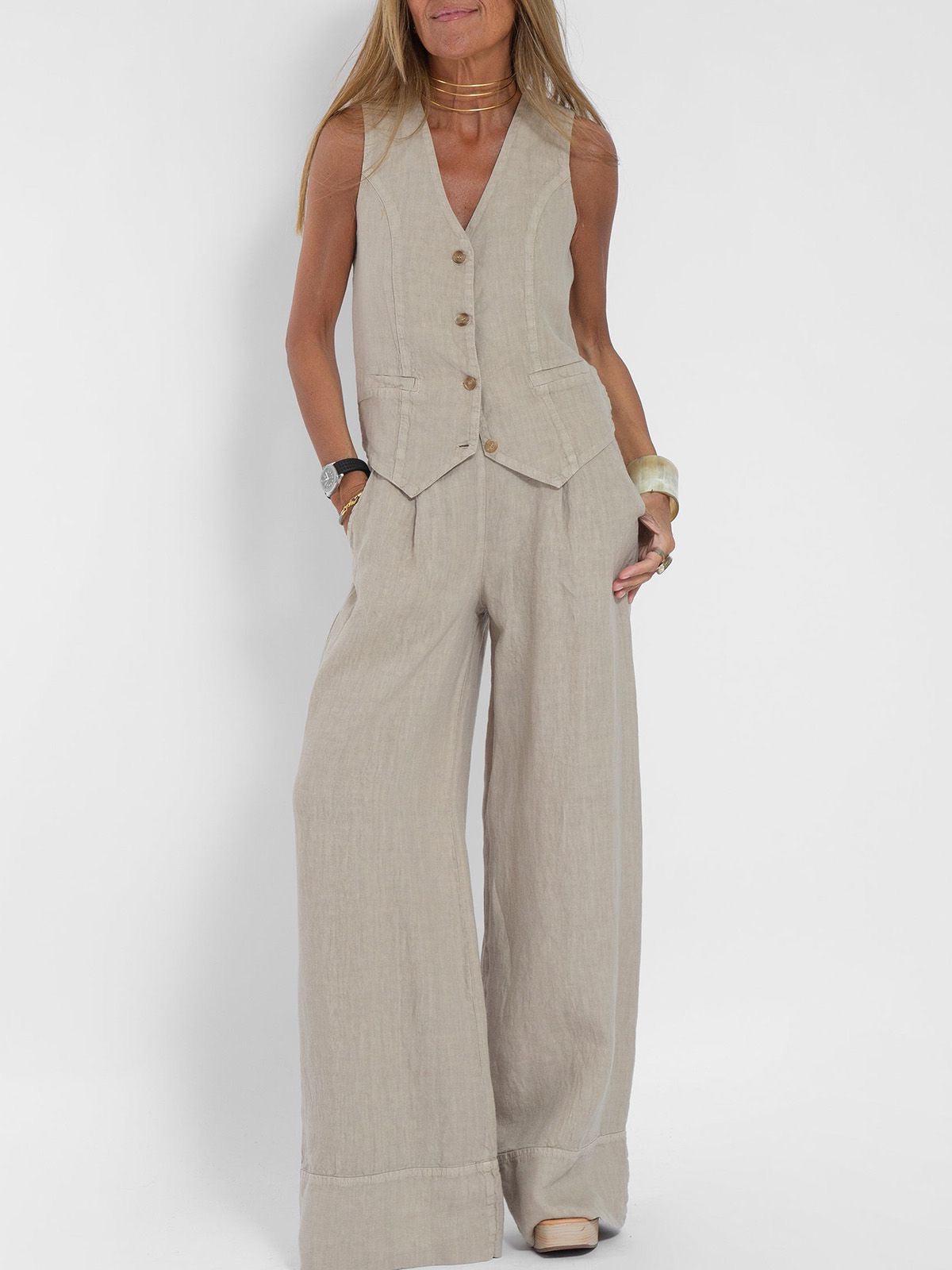 Waist Coat Vest & Wide Leg Pants Coord Set
