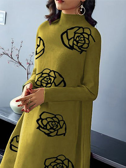 A-line Long Sleeves Flower Print Mock Neck Midi Dresses