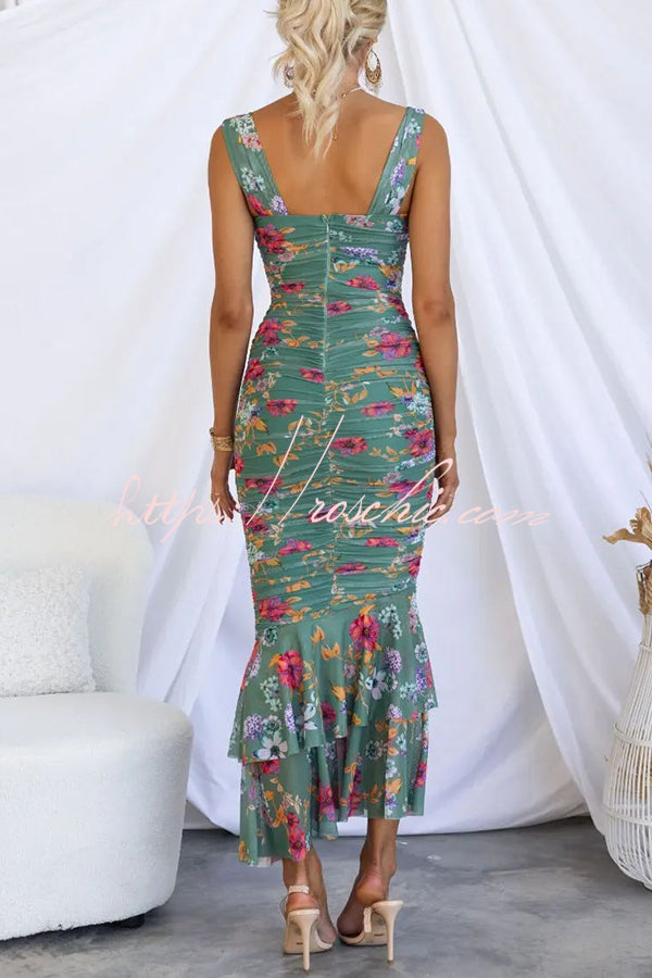 Styled to Perfection Ruched Mesh Overlay Ruffle Hem Maxi Dress