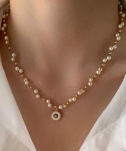 Pearl Double Layered Gilded Circle Pendant Necklace