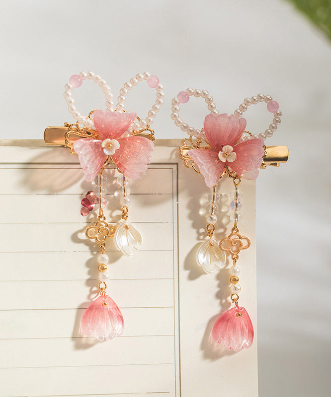Pink Copper Alloy Pearl Colored Glaze Tassel a Pair Hairpin