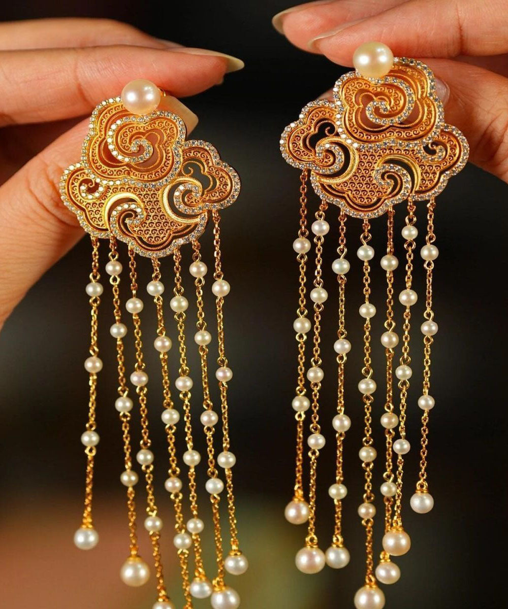 Gold Sterling Silver Overgild Zircon Auspicious Clouds Pearl Tassel Drop Earrings
