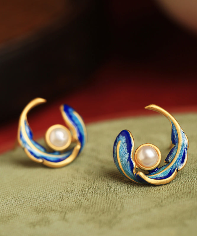 Colorblock Copper Alloy Pearl Feather Hoop Earrings