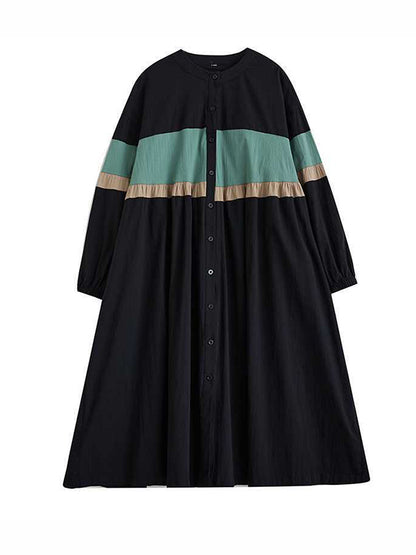 Long Sleeves Loose Buttoned Contrast Color Elasticity Split-joint Round-neck Midi Dresses