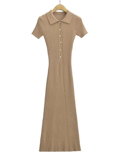 Ribbed High Waist Slim Maxi Dress for Knitwear Lapel Party Dress Gown Short Sleeve Knit Dress
