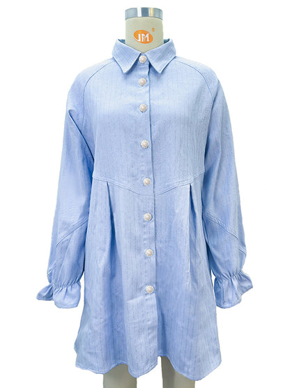A-line Loose Pleated Split-joint Striped Lapel Mini Dresses Shirt Dress