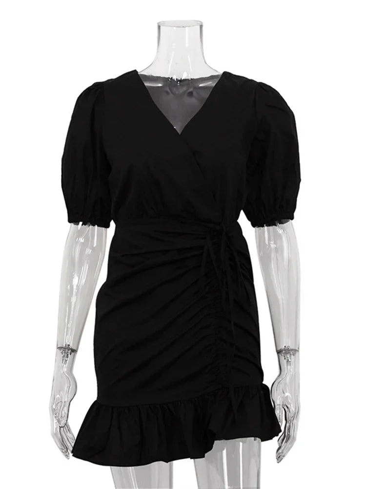 Drawstring V-neck Mini Dress Female Ruffled Short Sleeve Patchwork Lace-up White Dress ’s Bandage Party Dress