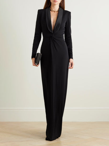 Long Sleeves Skinny Color Deep V-neck Maxi Dresses