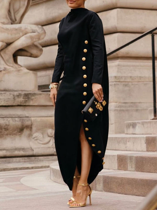 Long Sleeves Loose Asymmetric Buttoned Split-joint Split-side Mock Neck Maxi Dresses