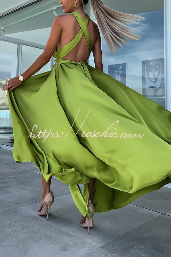 Different Effects Satin Free Tie Neck Slit Maxi Dress