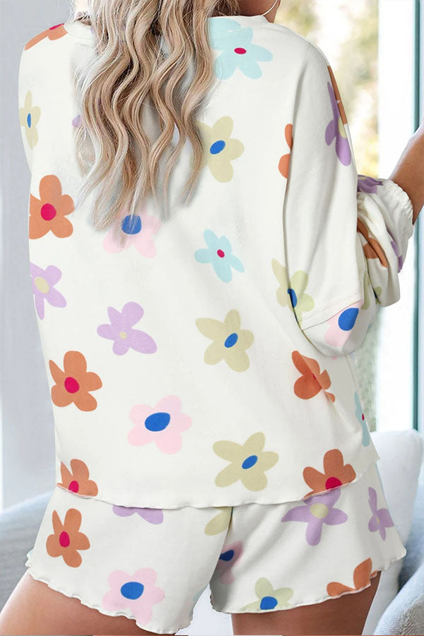 White Print Henley Top \u0026 Drawstring Shorts Loungewear Set