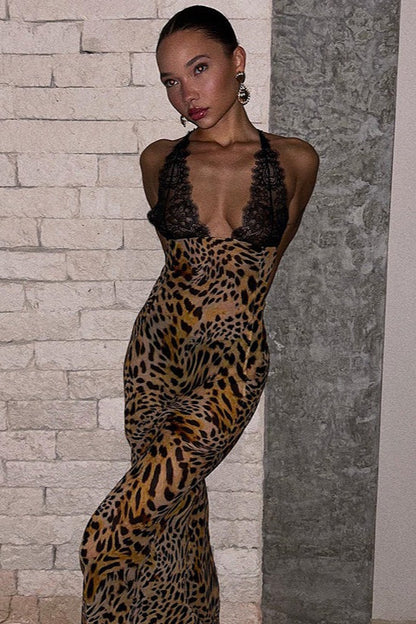 Lace Print Deep V Backless Cami Maxi Dress