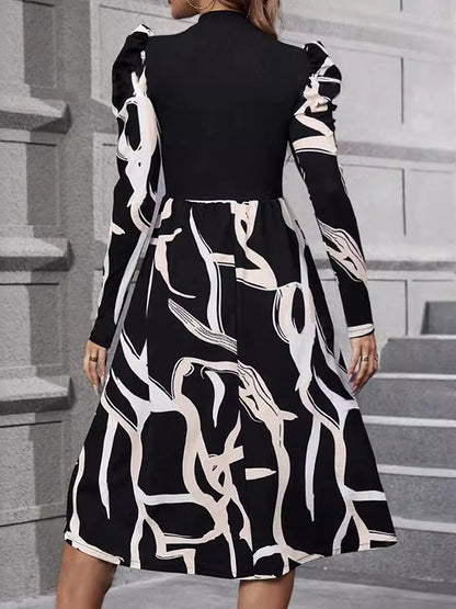 Long Sleeves Printed Split-joint Stand Collar Midi Dresses