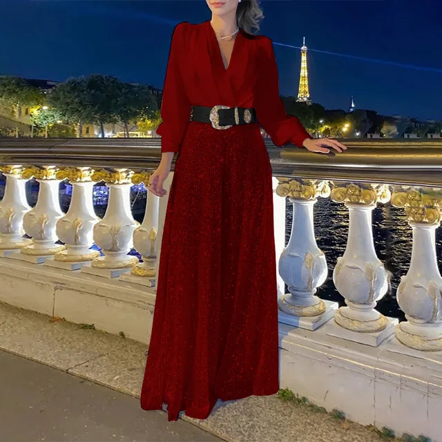 Splice Sequins Maxi Dresses for Folds Loose V Neck Dress Femme Party Evening Dresses