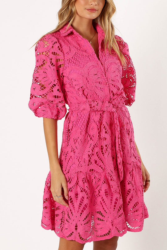 Color Lace Cutout Balloon Sleeves and Waist Tie Mini Dress