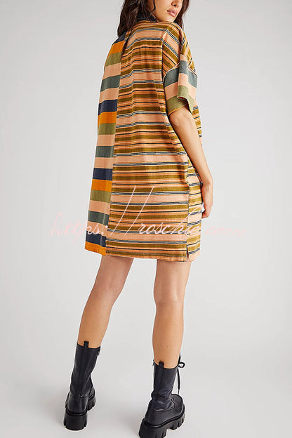 Contrast Striped Patchwork Denim Lapel Loose Mini Dress